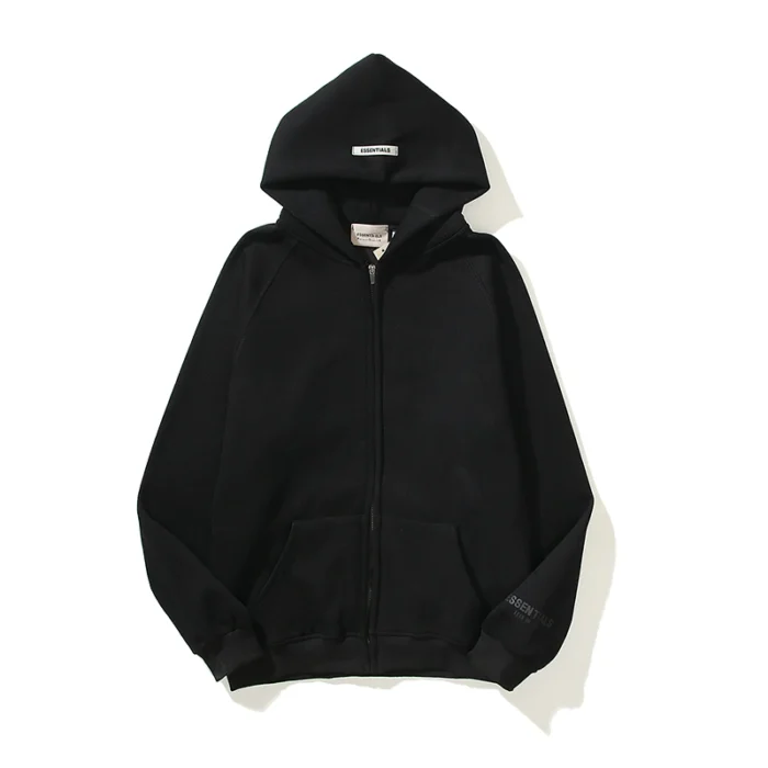 Essentials Full-Zip Hoodie – Black with Back Logo