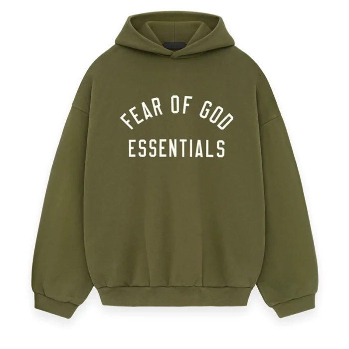 Fear of God Essentials Fleece Olive White Hoodie
